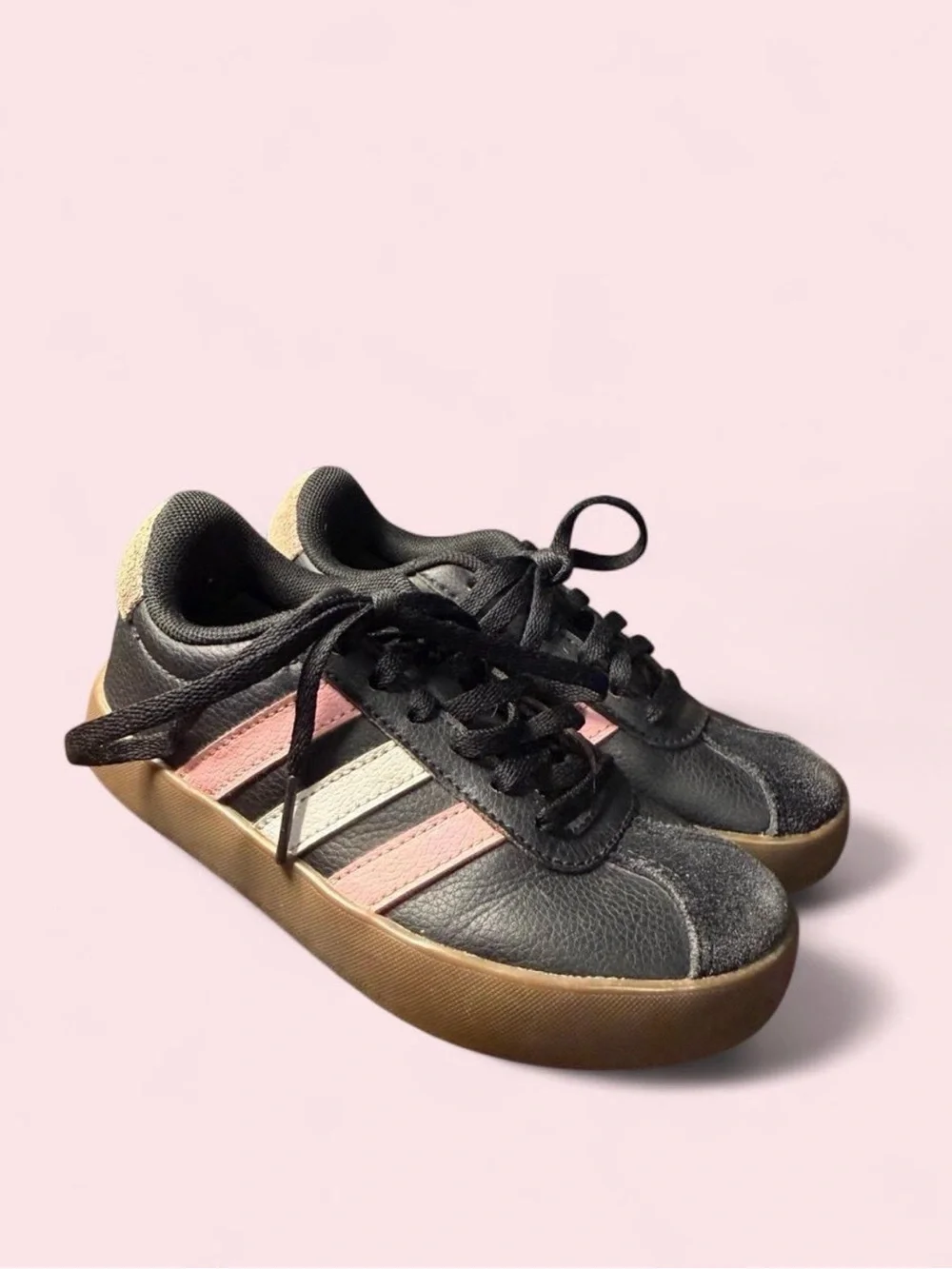 adidas Kids Black Sneakers with Pink and Cream Stripes